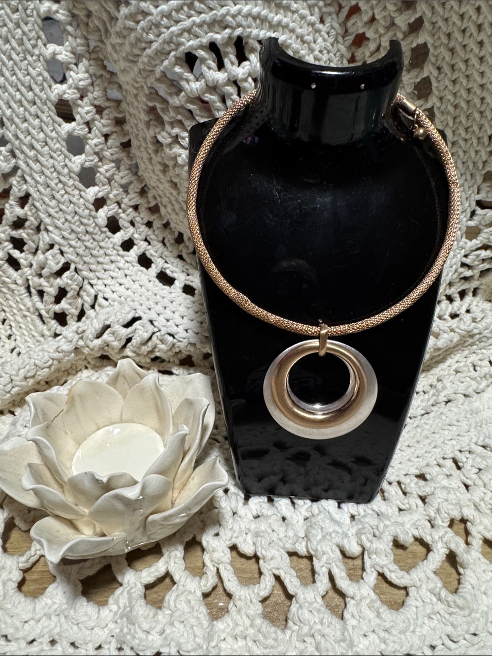 Gold-Tone Mesh Necklace with Double Ring Pendant